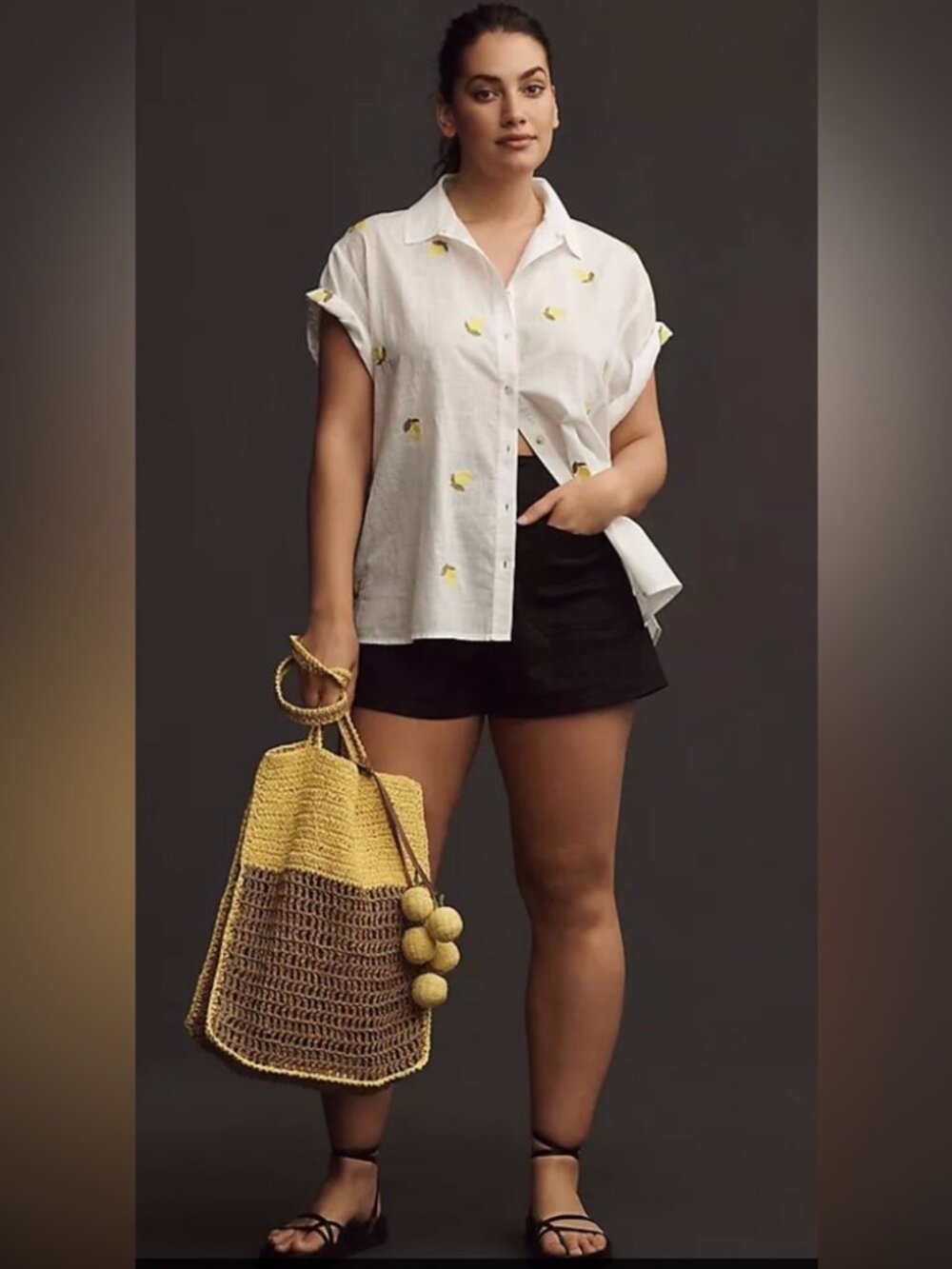 Maeve White Linen Short-Sleeve Button-Down Shirt with Yellow Lemon Embroidery